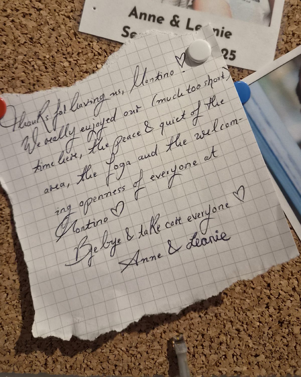 Handwritten note from Anne & Leonie on the Montinos board